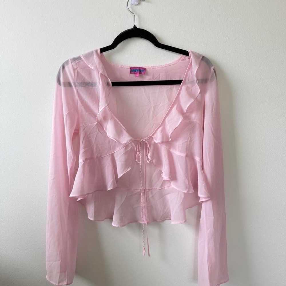 Edikted pink ruffle blouse with tie front detail size S